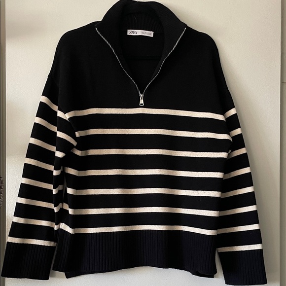 Zara|Black and Cream Striped Zip Turtleneck Sweater|Medium|EUC - Picture 2 of 8